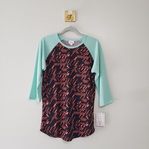 LuLaRoe NWT Randy Raglan Sleeve Top Women Medium Black Aqua Blue Pink Aztec
